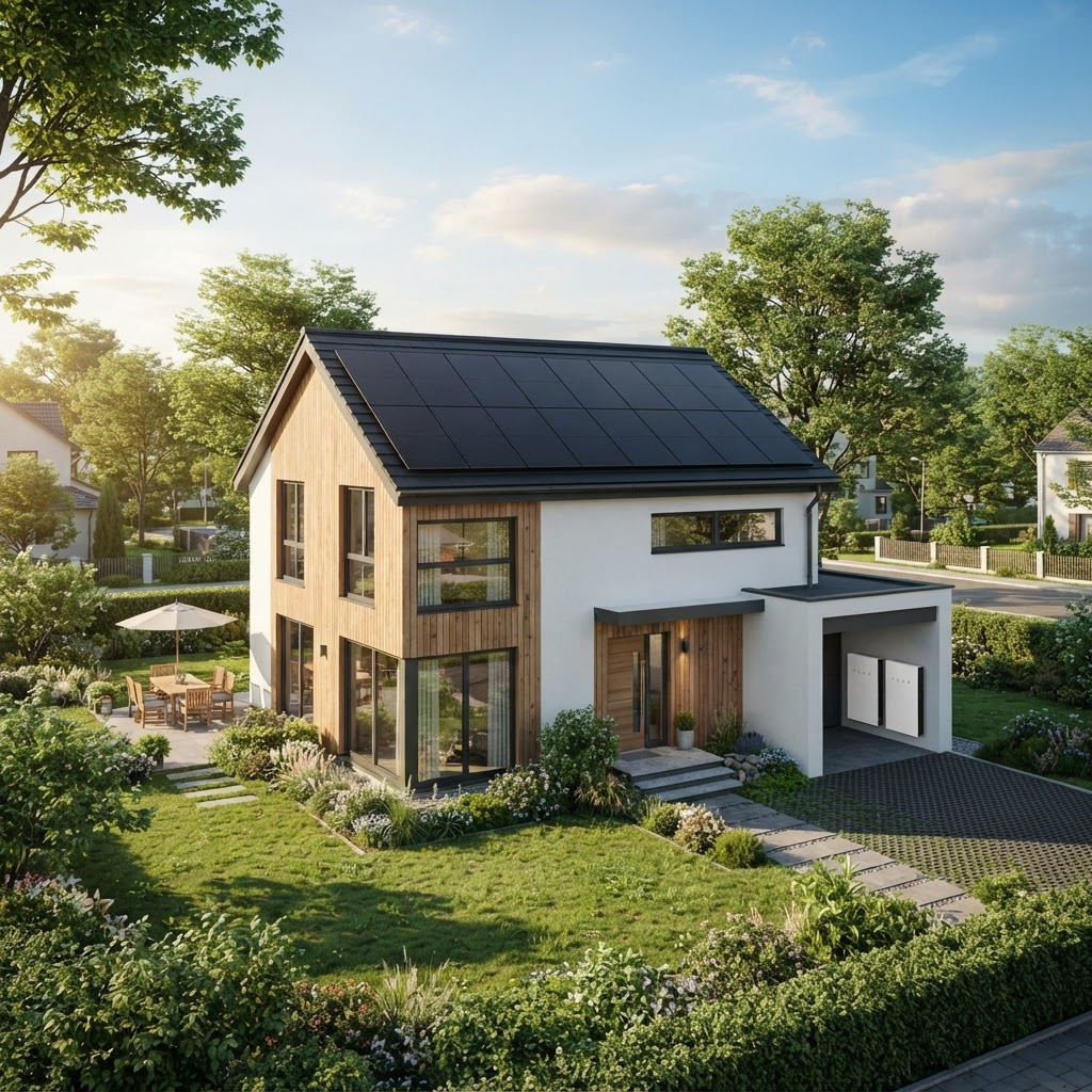 Casă modernă cu panouri fotovoltaice pe acoperiș și baterii de stocare montate lângă garaj