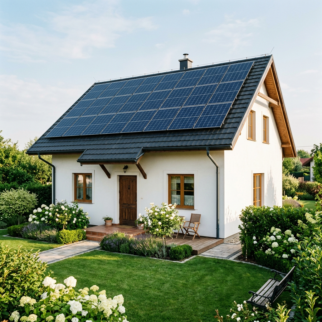 Casă cu panouri fotovoltaice pe acoperiș, înconjurată de o grădină